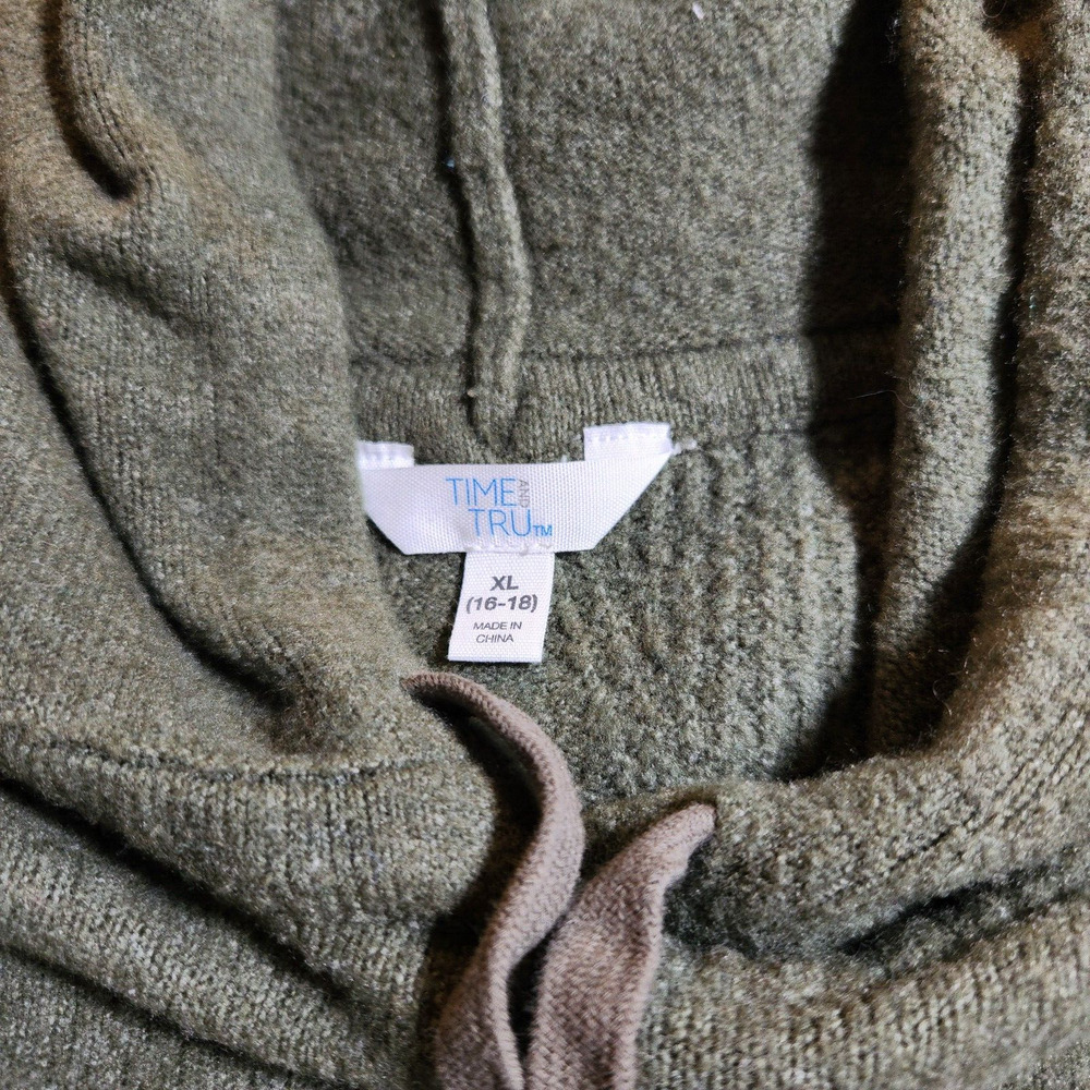 Time And Tru XL Army Green Drawstring Textured Hoodie Knit Pullover Sweater - Picture 6 of 10
